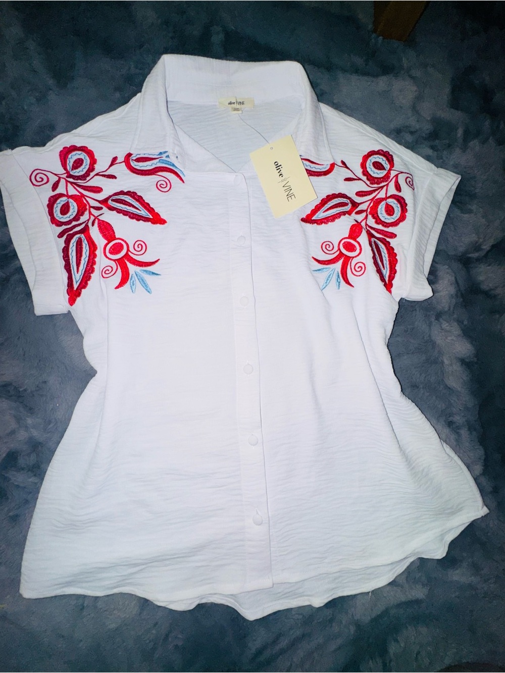 White Button-Down Shirt with Red Floral Embroidery by